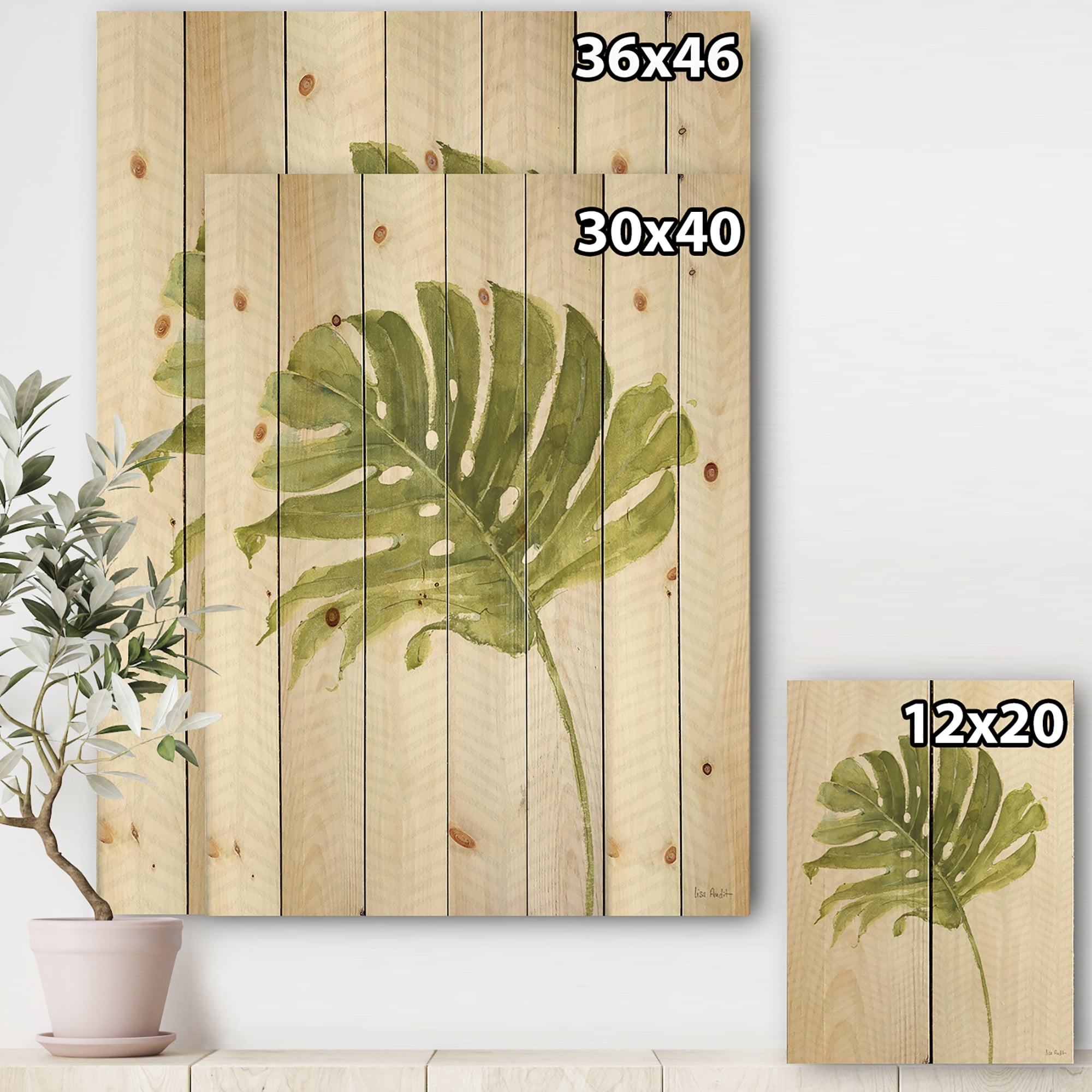 Designart 'Mixed Botanical Green Leaves VII' Cottage Print on Natural Pine Wood