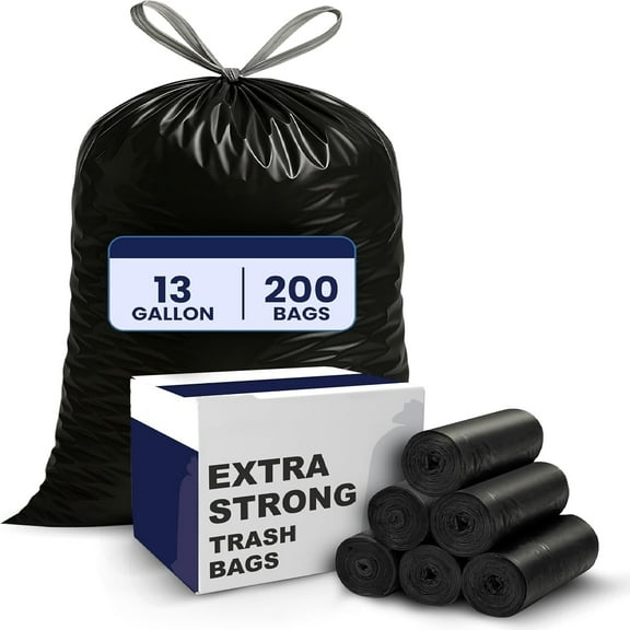 Plasticplace 13 gallon Extra Tall Drawstring Kitchen Trash Bags | Black 1.2 Mil, 24"W x 31"H (200Count)