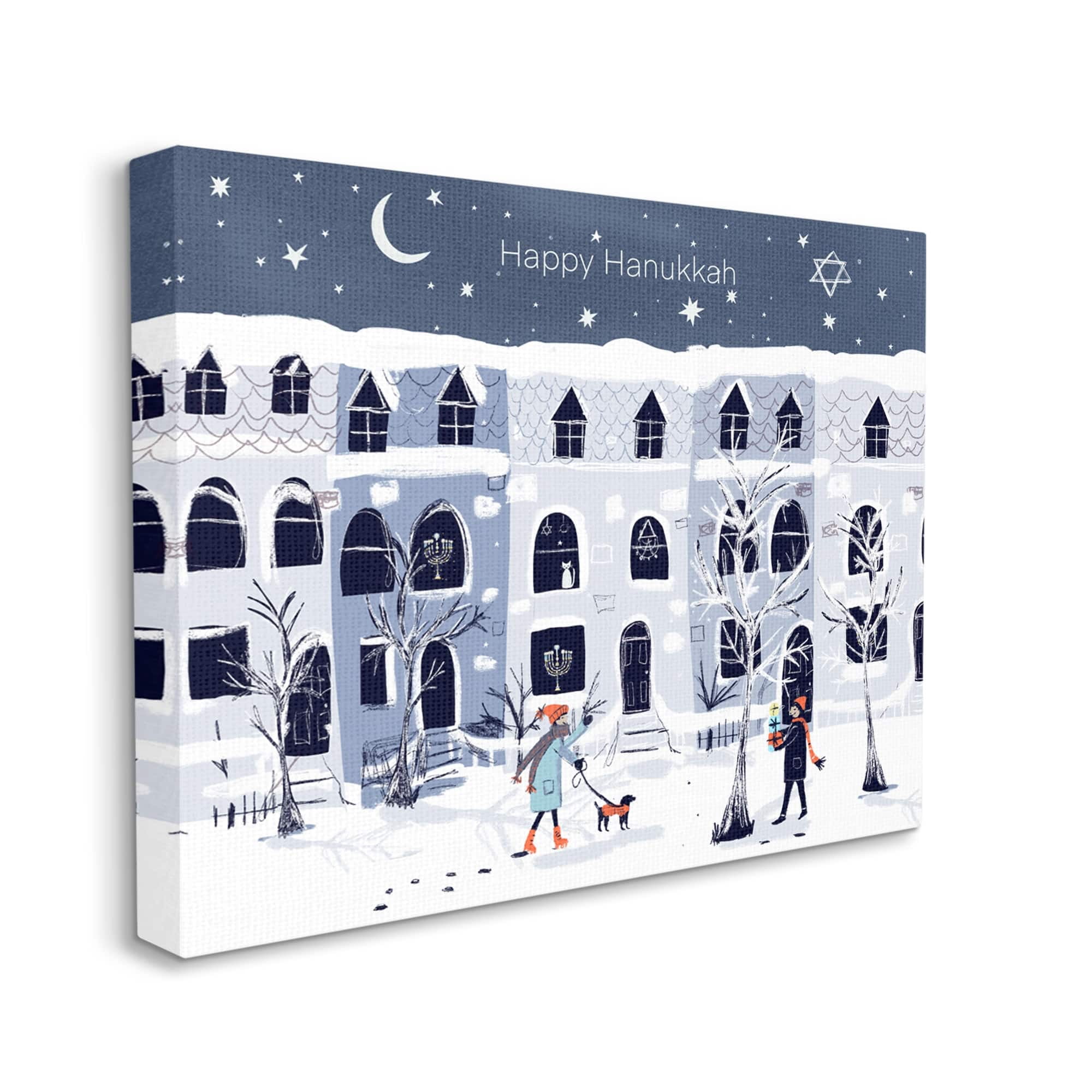 Stupell Industries Happy Hanukkah Winter City Scene Holiday Painting Gallery Wrapped Canvas Print Wall Art