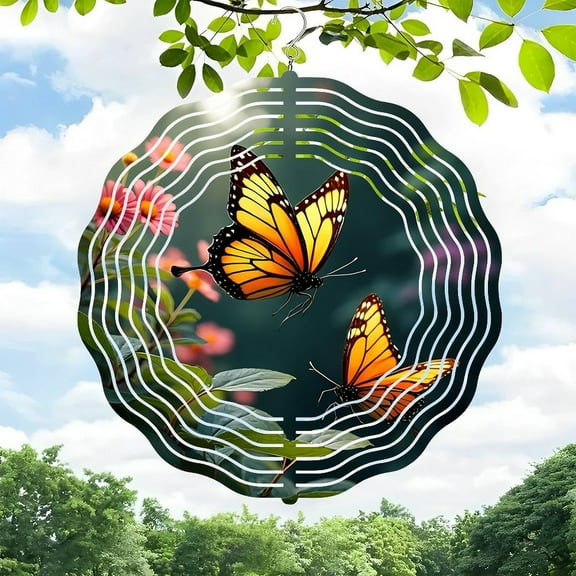 Metal Hanging Wind Spinner with Butterfly Motif - Vibrant Floral Design for Yard & Garden Decor - Unique Concentric Circle Frame