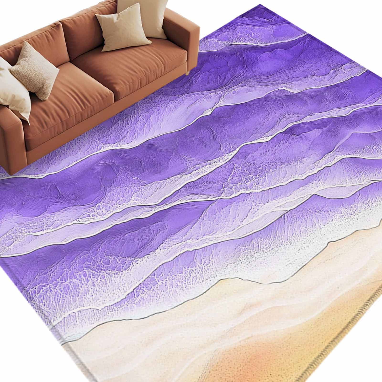 Rectangle Rug 5x8ft Area Rug Purple Gradient Waves Ocean Area Rugs for Living Room Bedroom Summer Beach Coastal Floor Mat Non-Slip Non-Shedding Carpet Indoor Accent Rugs