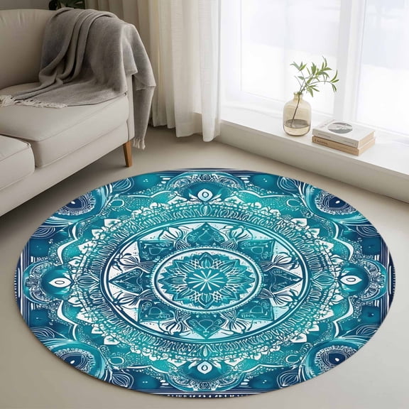 Turquoise Boho Round Rug 3ft Washable Circle Entryway Rugs Non Slip Vintage Country Ethnic Abstract Motifs Area Rug Indoor Floor Carpet for Bedroom Kitchen Living Room Home Office Dining Room Nursery