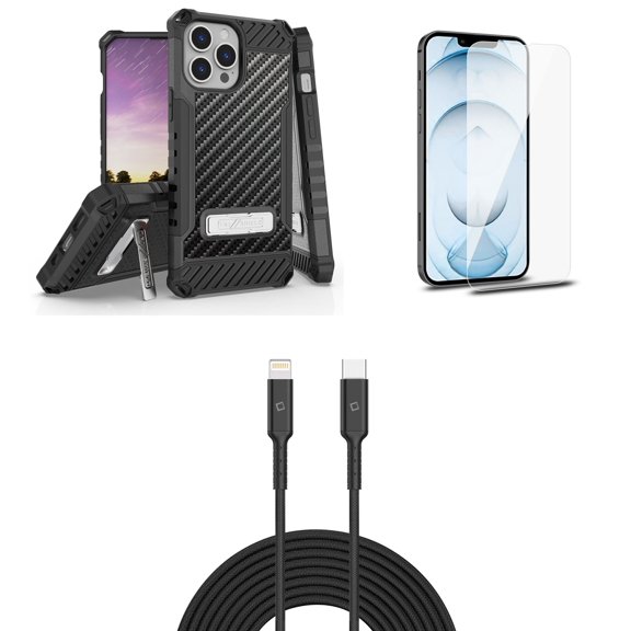 Bemz iPhone 13 Pro Bundle: Tri Shield Shockproof Armor Rugged Case (Carbon Fiber), Premium Glass Screen Protectors (2-Pack), USB-C to Lightning Cable (3.3ft/1m)