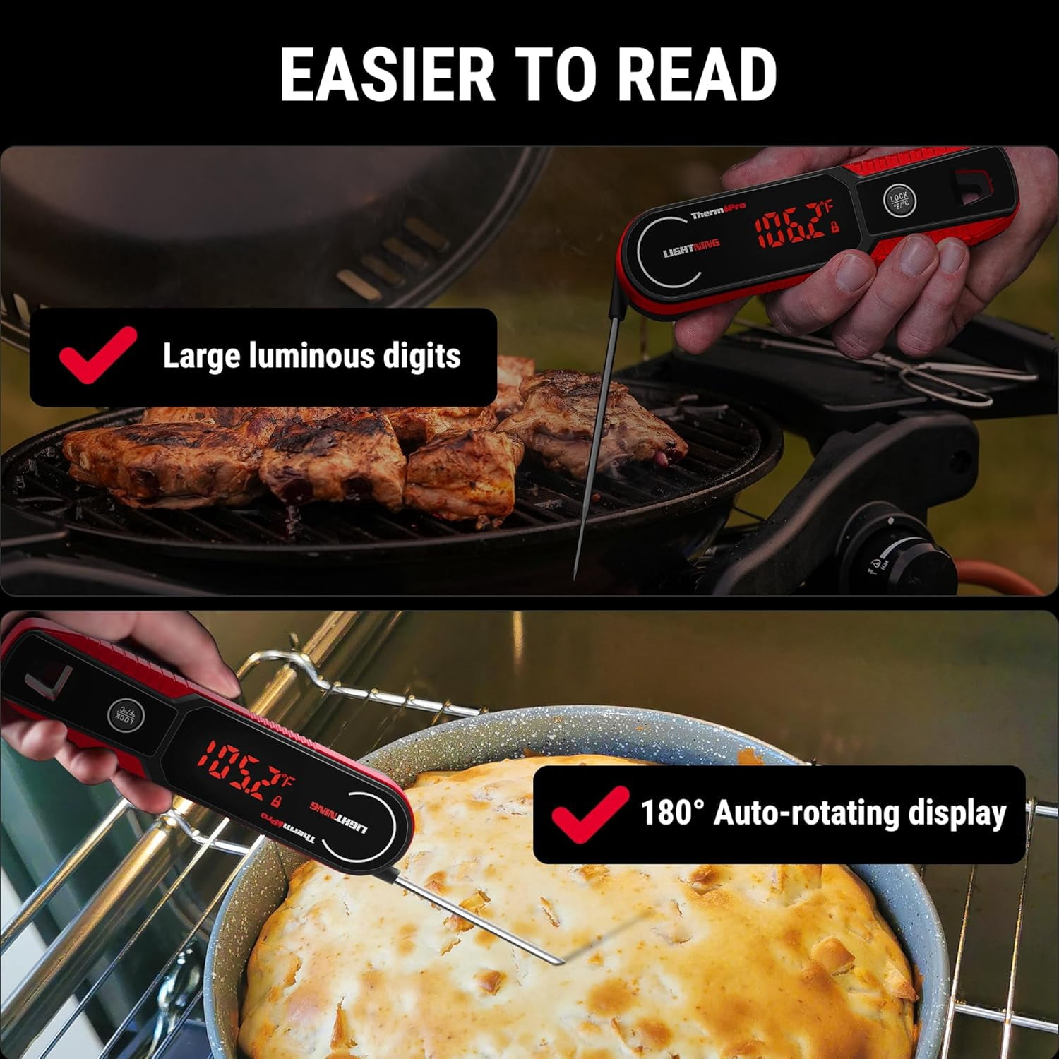 ThermoPro Lightning 1-Sec Instant Read Meat Thermometer, Professional-Grade, Waterproof with Auto-Rotating Display and Calibration Mode