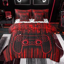 Feelyou Chic Game Console Bedding Comforter Set 7pcs for Kids, Cartoon Gamepad Lover Queen Bedding Sets, Fashion Red Square Abstract Reversible Queen Sheet Sets, Luxury Bedroom Decor
