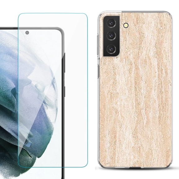 Slim-Fit TPU Fashion Phone Case for Samsung Galaxy S21 FE 5G Fan Edition, with Tempered Glass Screen Protector, by OneToughShield ® - Marble/Coffee Tone