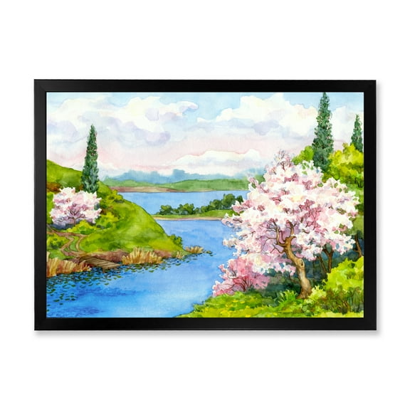 A Bright Blue Sky Over Spring Landscape 40 in x 30 in Framed Painting Canvas Art Print, by Designart