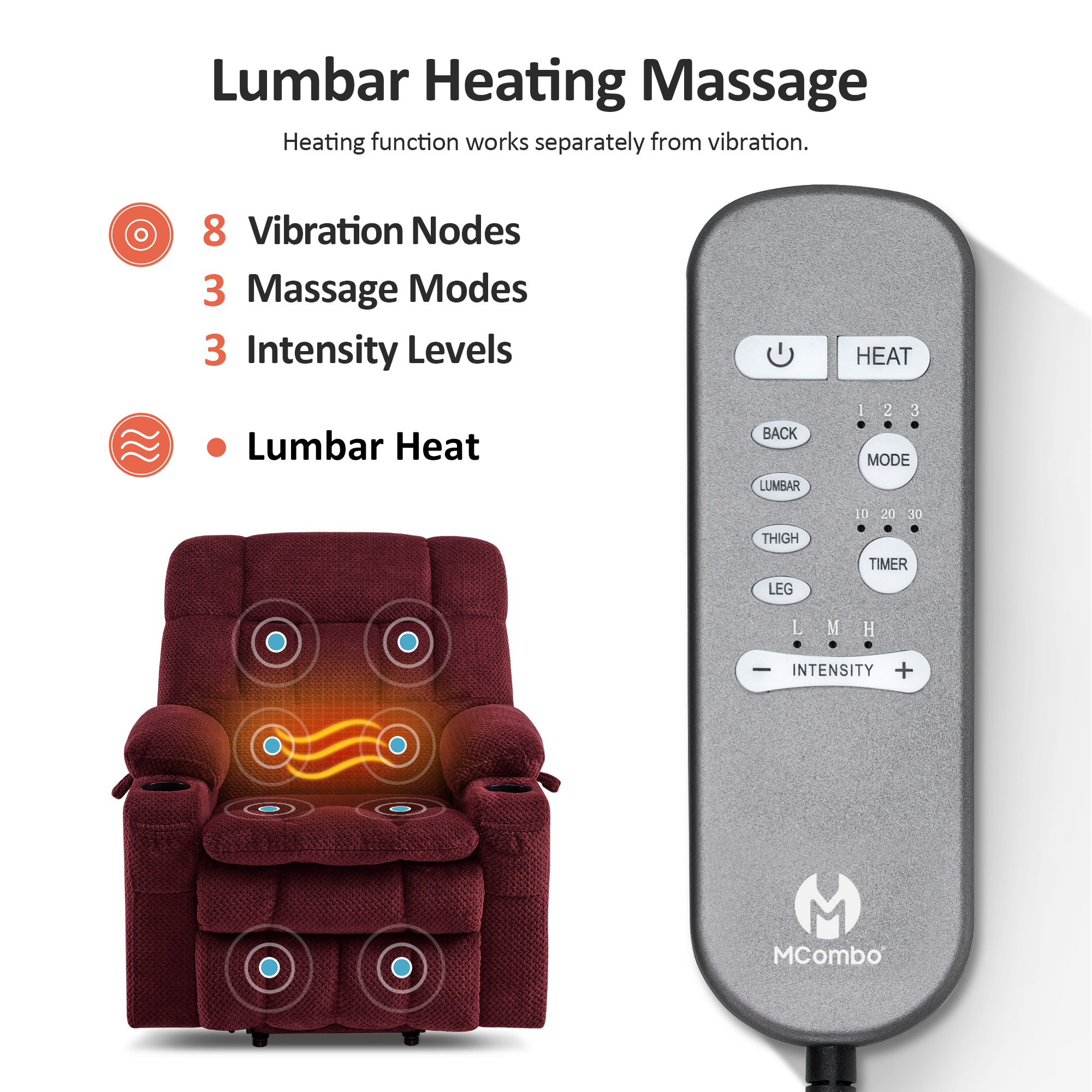 MCombo 21.3" Seat Width Lay Flat Dual Motor Power Recliner Lift Chair with Vibration and Heat, Infinite Position