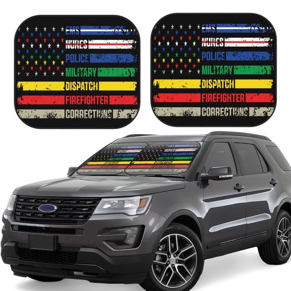 Gukieu Thin Green Line With USA Flag Print Car Windshield Sun Visor, Foldable Anti-UV Car Sun Visor Suitable for Vans, Trucks Car Accessories-Small