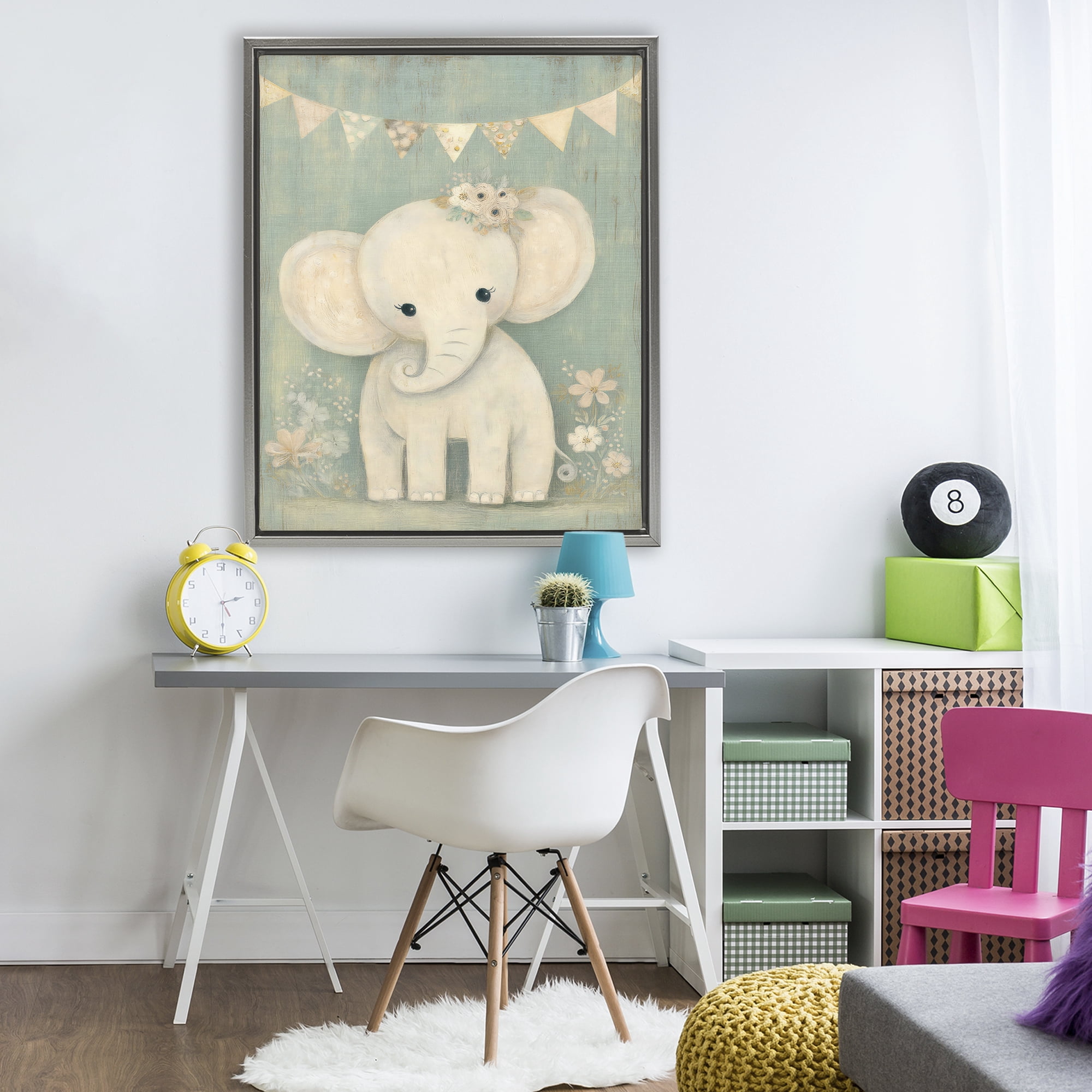 Stupell Industries Elephant with Overhead Banner Gray Framed Floater Canvas Wall Art, design by Ink Drop Loft