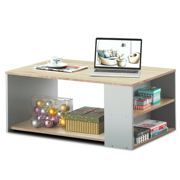 Gymax 2-Tier Coffee Table Sofa Side Table w/ 2 Storage Shelves Living Room Office Oak