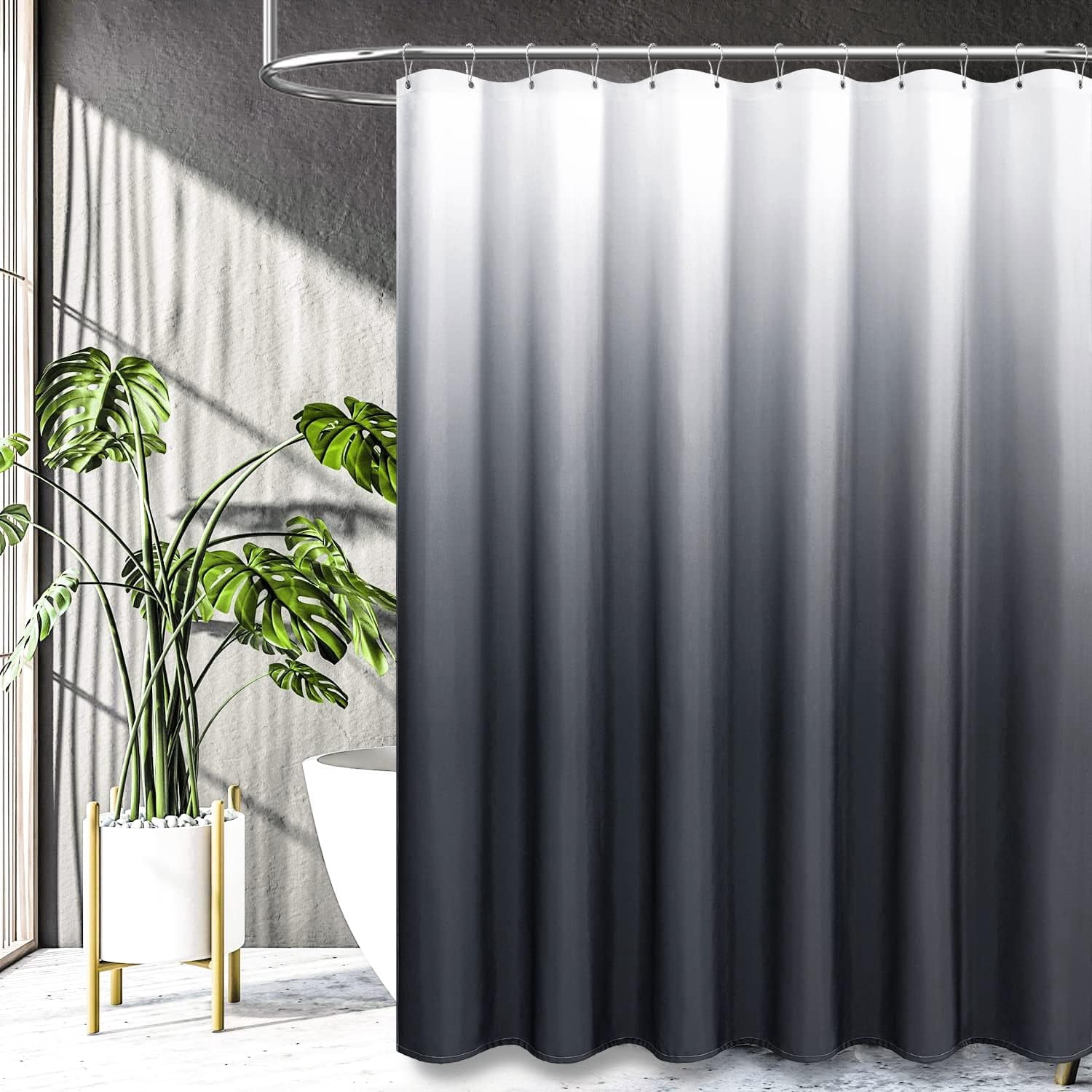 Grey/Gray Shower Curtain, Ombre Linen Textured Heavy Duty Fabric Shower Curtain Set with Plastic Hooks, Modern Hotel Chic Decorative Thick Cloth Curtain for Bathroom Showers and Bathtubs, 72 x 72