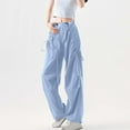 thumbnail image 2 of hotojiny Cargo Pants Women Button Low Rise Drawstring Bow Tie Sweatpants Streetwear Cute Casual Pockets Hiking Wide Leg Trousers, 2 of 7