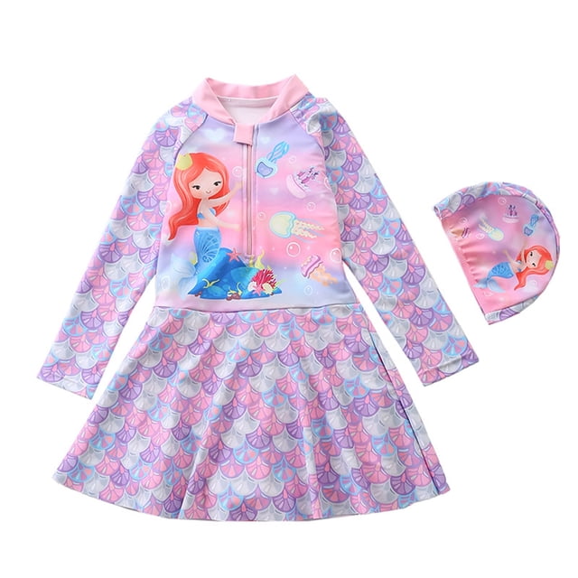 Xijirk Girls Long Sleeve Swimsuit Scale Print with Skirt and Built In Shorts Rash Guard Soft Texture Swimwear for Beach Pool and Daily Use,Multicolour4,2-3 Years