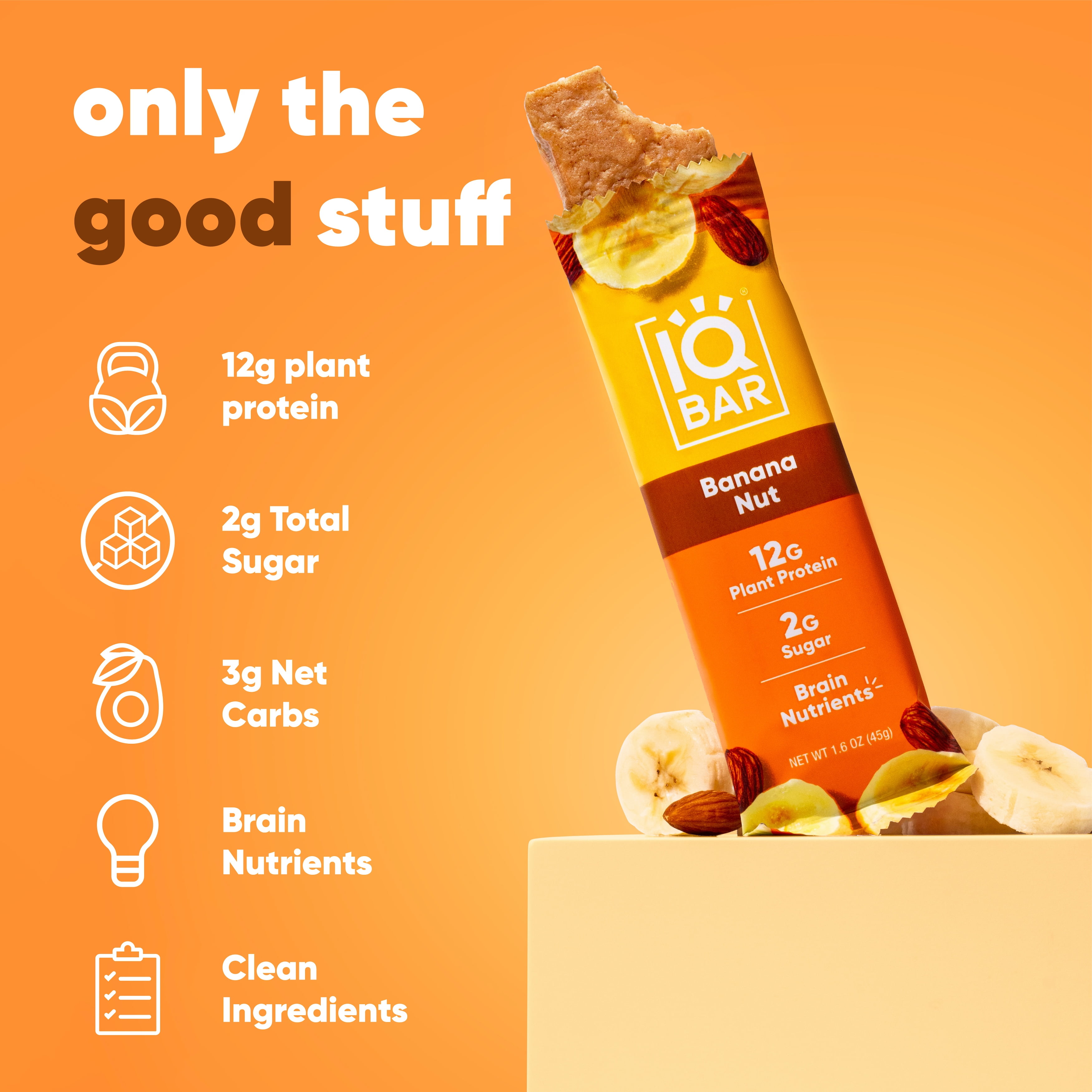 IQBAR Clean Plant Protein Bars - Banana Nut - 12 Count - Keto, Vegan, High Fiber, Gluten and Dairy Free, Low Sugar Snack