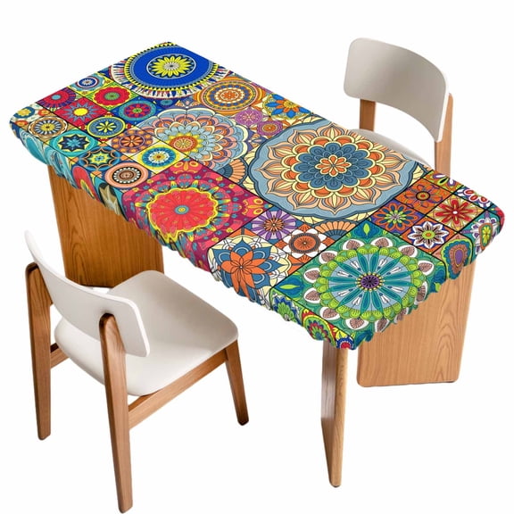 Colorful Ethnic Table Cloths for 4 Foot Rectangle Tables, National Modern Geometric Blue Green Patio Waterproof Elastic Fitted Tablecloths, Washable Rectangular Table Cover for Camping