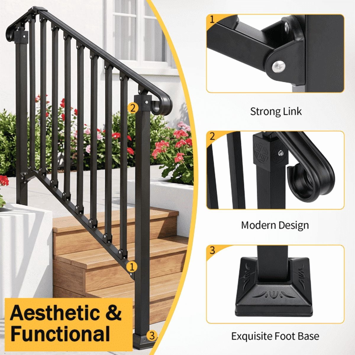 3‑Tier ABS Plastic Handrail for Patio Courtyard Stairs, Matte Black
