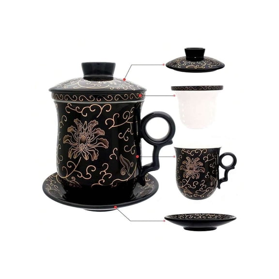 Porcelain Tea Cup With Infuser Lid & Saucer - Jingdezhen Ceramic Coffee Mug - LooseTea Brewer - 12oz - Home & Office