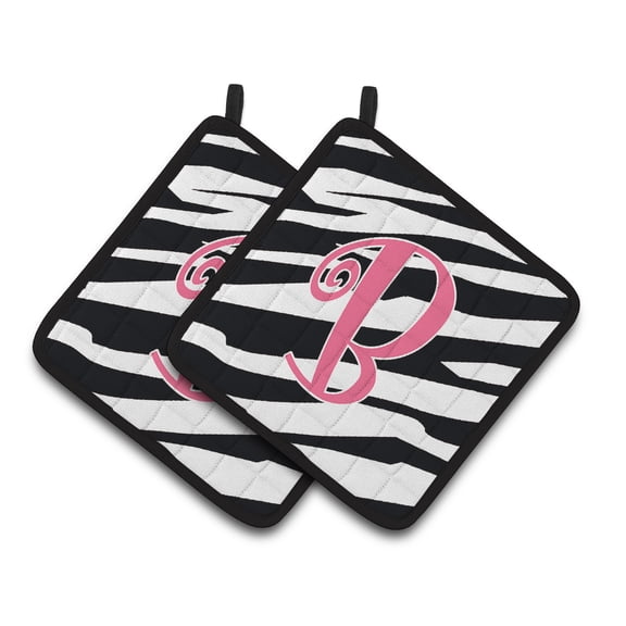 Monogram Initial B Zebra Stripe and Pink Pair of Pot Holders