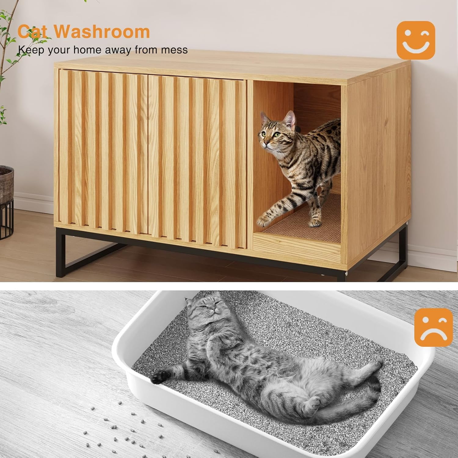 Vabches Hidden Cat Litter Box Enclosure Furniture, Multi-Functional Cat Washroom Bench with Cat Scratching Pad and Fluted Doors