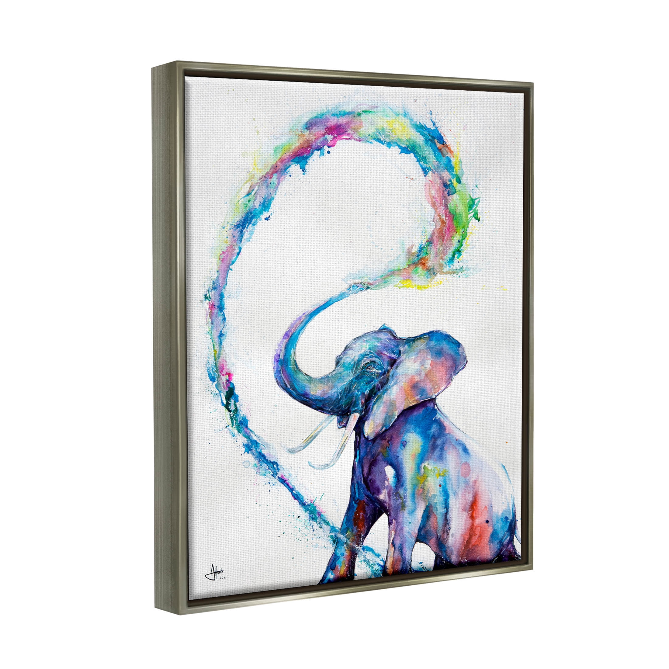 Modern Rainbow Elephant Splash Animals & Insects Graphic Art Luster Gray Framed Art Print Wall Art
