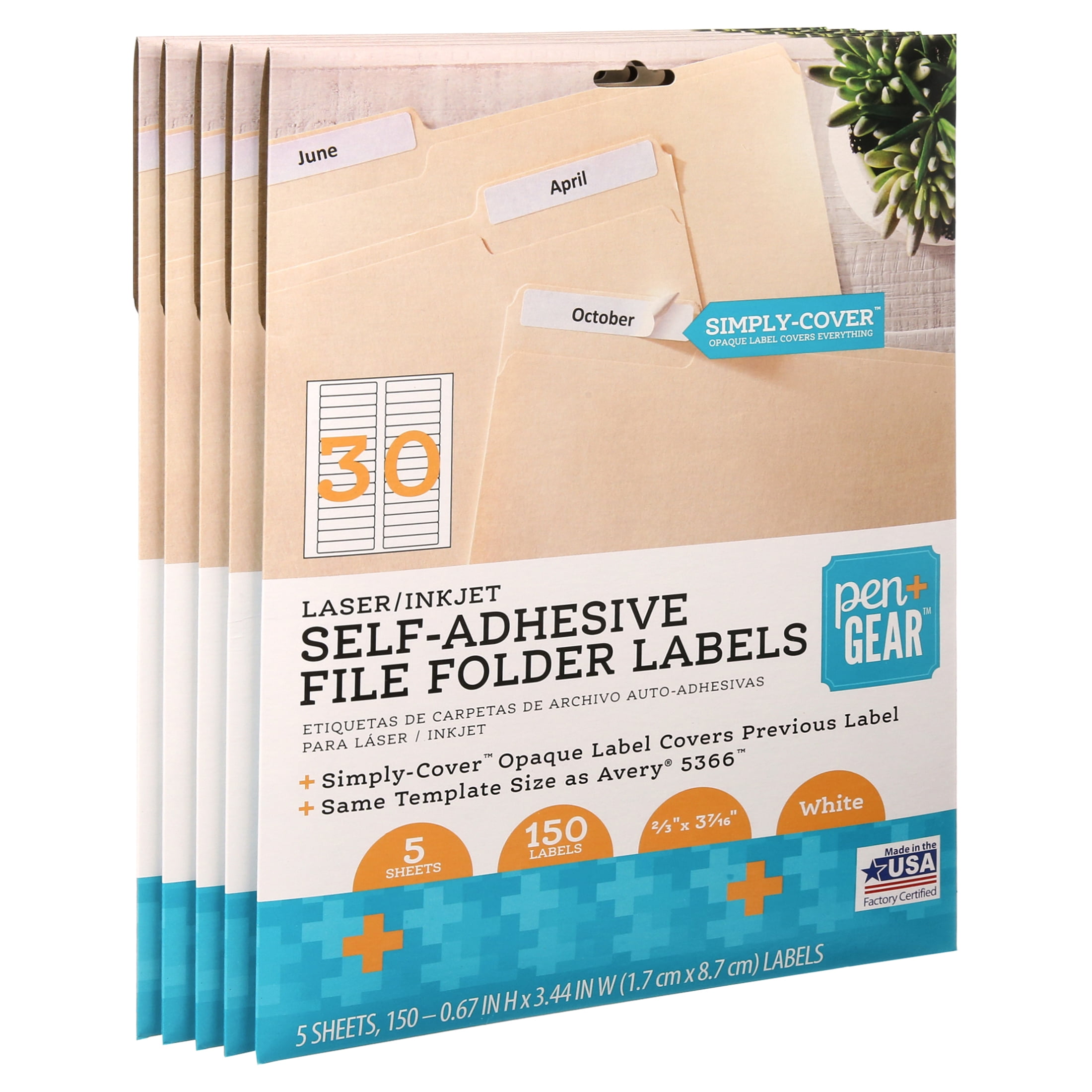 Pen + Gear Laser/Inkjet White File Folder Labels with SIMPLY-COVER Block-Out Permanent Adhesive, 30 Labels per Sheet, 750 Labels