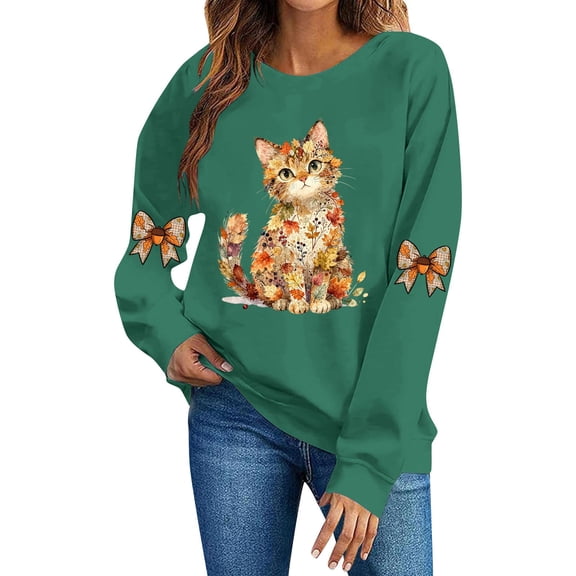 MYAOYI Womens Floral Cat Graphic Crewneck Sweatshirt Pullover