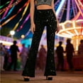 thumbnail image 2 of Women's Flare Legging Yoga Pants Glitter Palazzo Pants Sparkly High Waist Bell Bottom Pants (Black S), 2 of 4