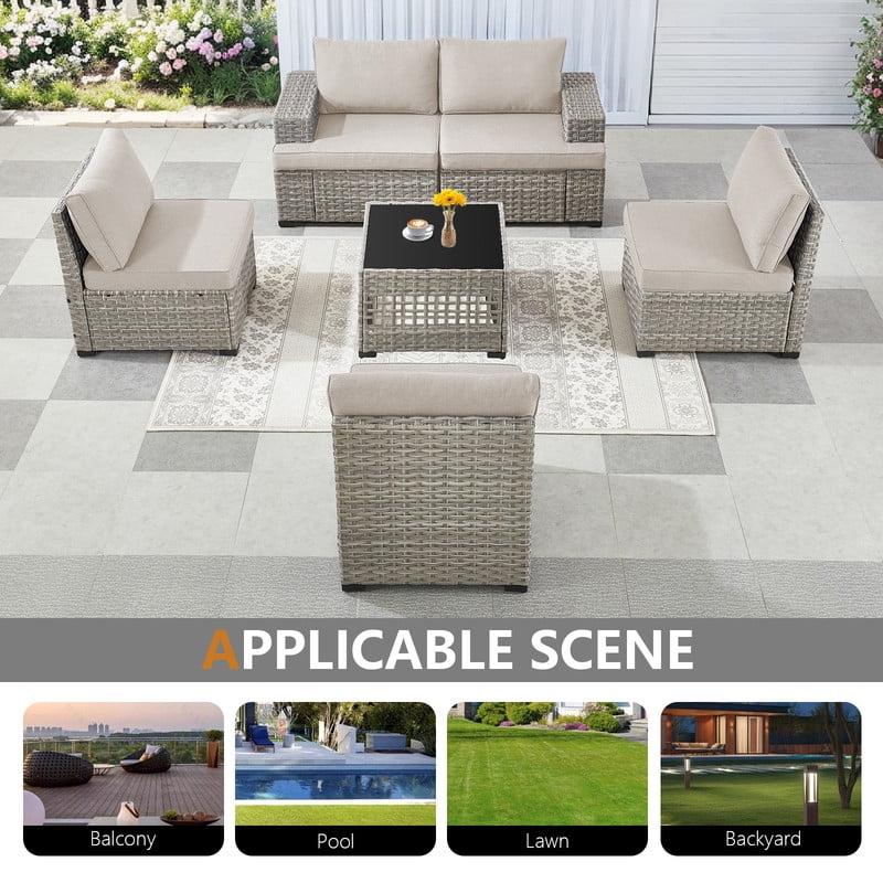 PARKWELL 6 Pieces Patio Furniture Sets,Outdoor Modular Furniture Sectional Sofa Set with Coffee Table,All-Weather Rattan Wicker Conversation Set for Backyard Deck,Taupe/Beige