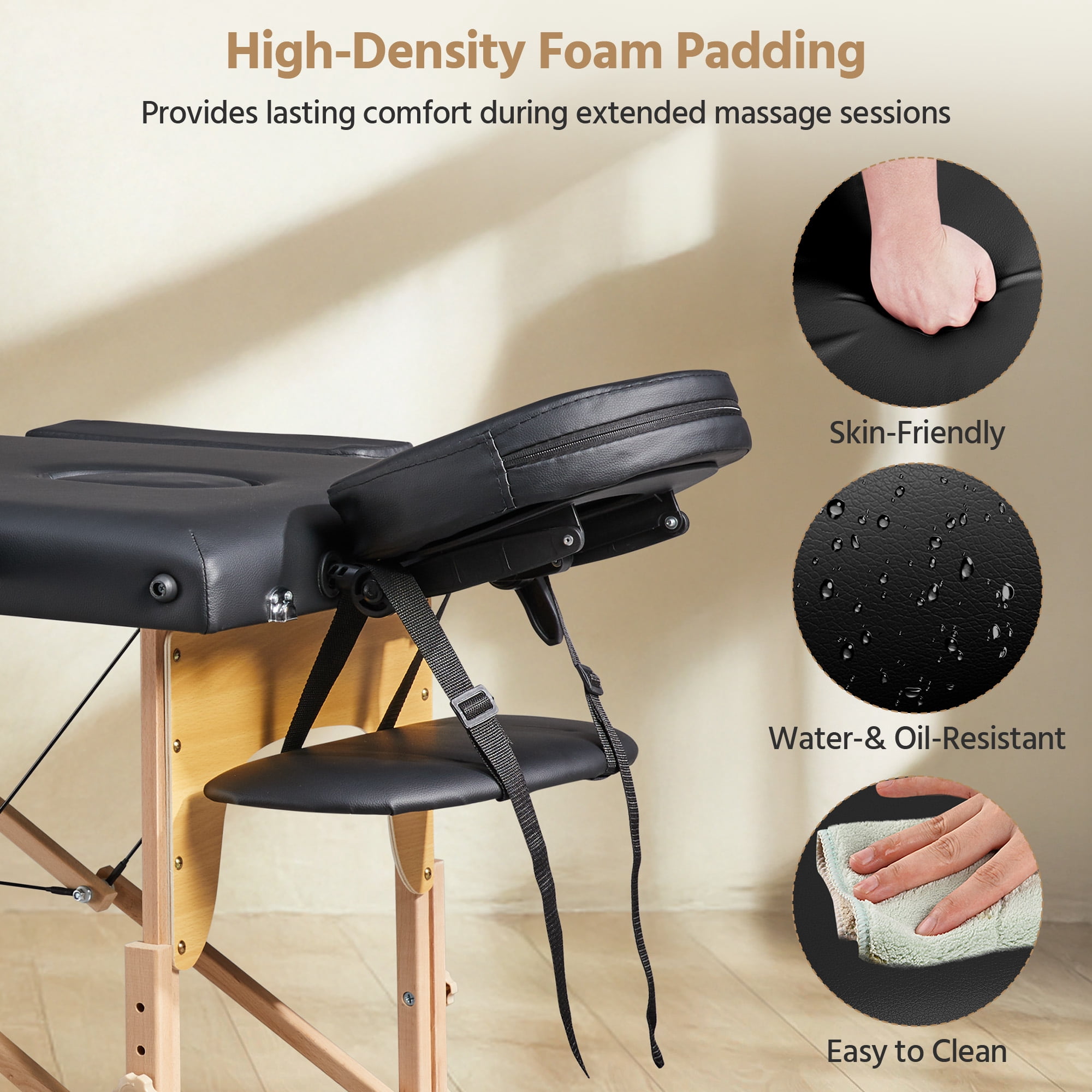 Renwick 2 Sections Adjustable Folding Massage Bed with Headrest/Armrest/Hand Pallet, Black