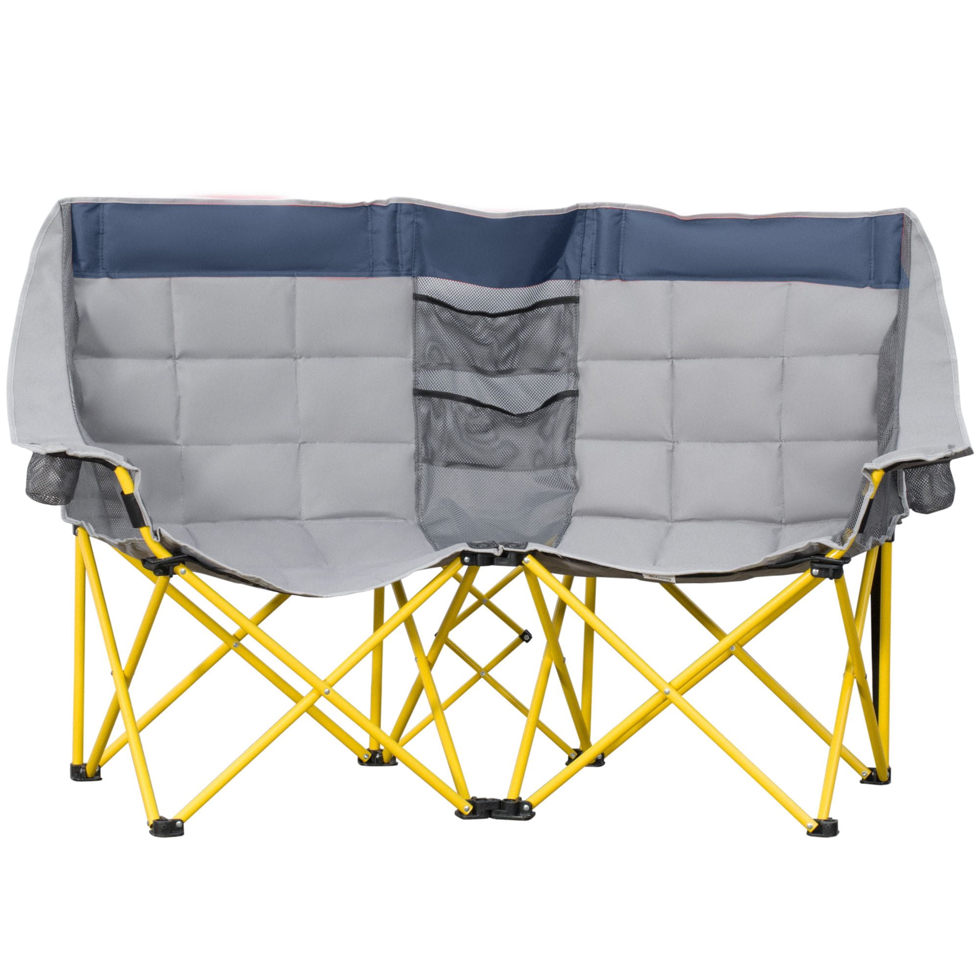 2 Person Double Folding Camping Loveseat Chair, Side-by-Side Outdoor Chair with Cup Holders Middle Storage Pocket Steel Frame Supports 264lbs Per Seat with Carry Bag