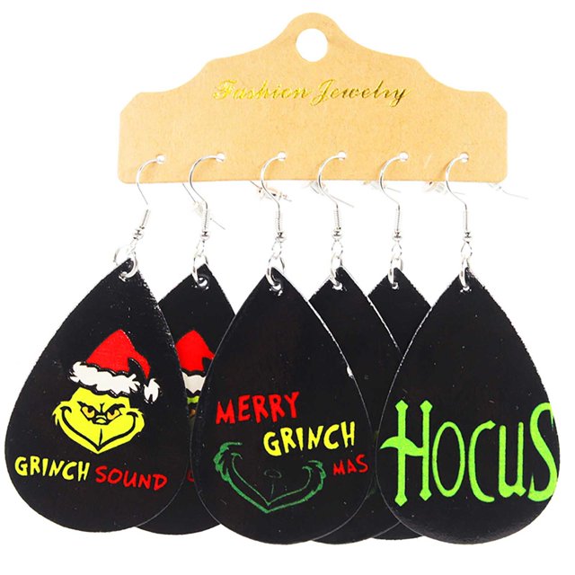 Grinch Earrings for Women Grinch Christmas Decorations 3 Pairs Of Christmas Earrings Handmade Tear Drop Faux Leather Earrings New Year Party Earrings Set Winter Holiday Jewelry Gifts
