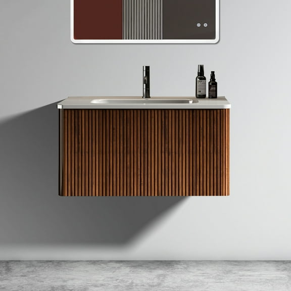 30" Bathroom Vanity With Spacious Drawer - Stylish Striped Walnut And White Ceramic Sink Furniture Fashionable Basin