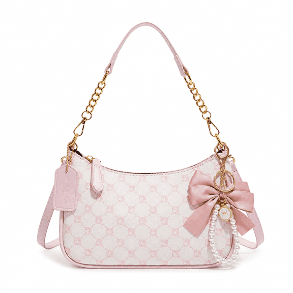 REMANLAND Women's Printed Shoulder Bag with Chain Handle, Bow and Pearl-Style Charm, Pink