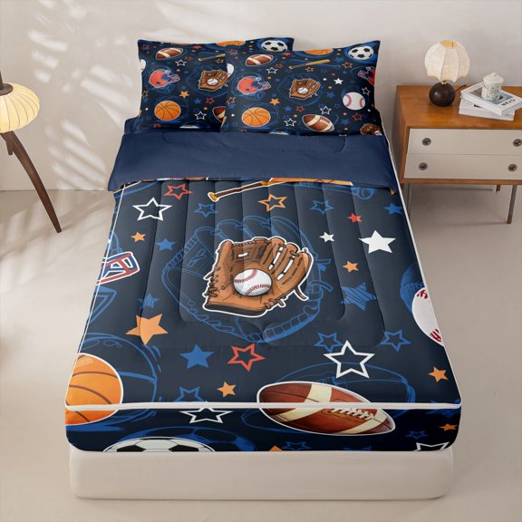 Homewish Rugby Sport Helmet Zipper Twin Comforter Sets with Fitted Sheet and 2 Pillowcases,Basketball Sport Games Kawaii Stars Print Zipper Bedding Set For Kids Boys,Navy Blue Reversible,4-Piece