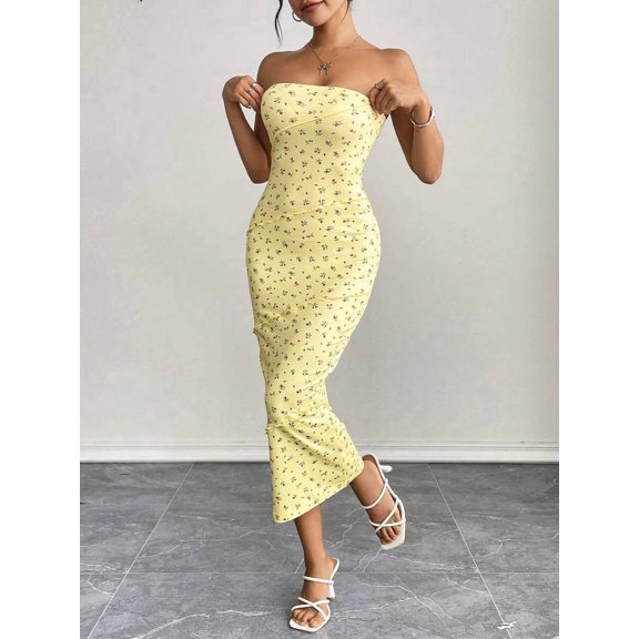 Light Yellow Ditsy Floral Printed Strapless Bodycon Midi Dress