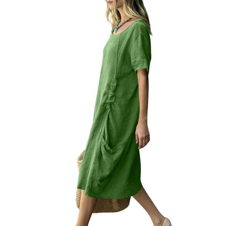 Vivianyo HD Women's Scoop Neck Summer Midi Dress, Short Sleeve Solid Loose Vacation Dresses with Side Ruched Pocket for Women Beach, Women's Green