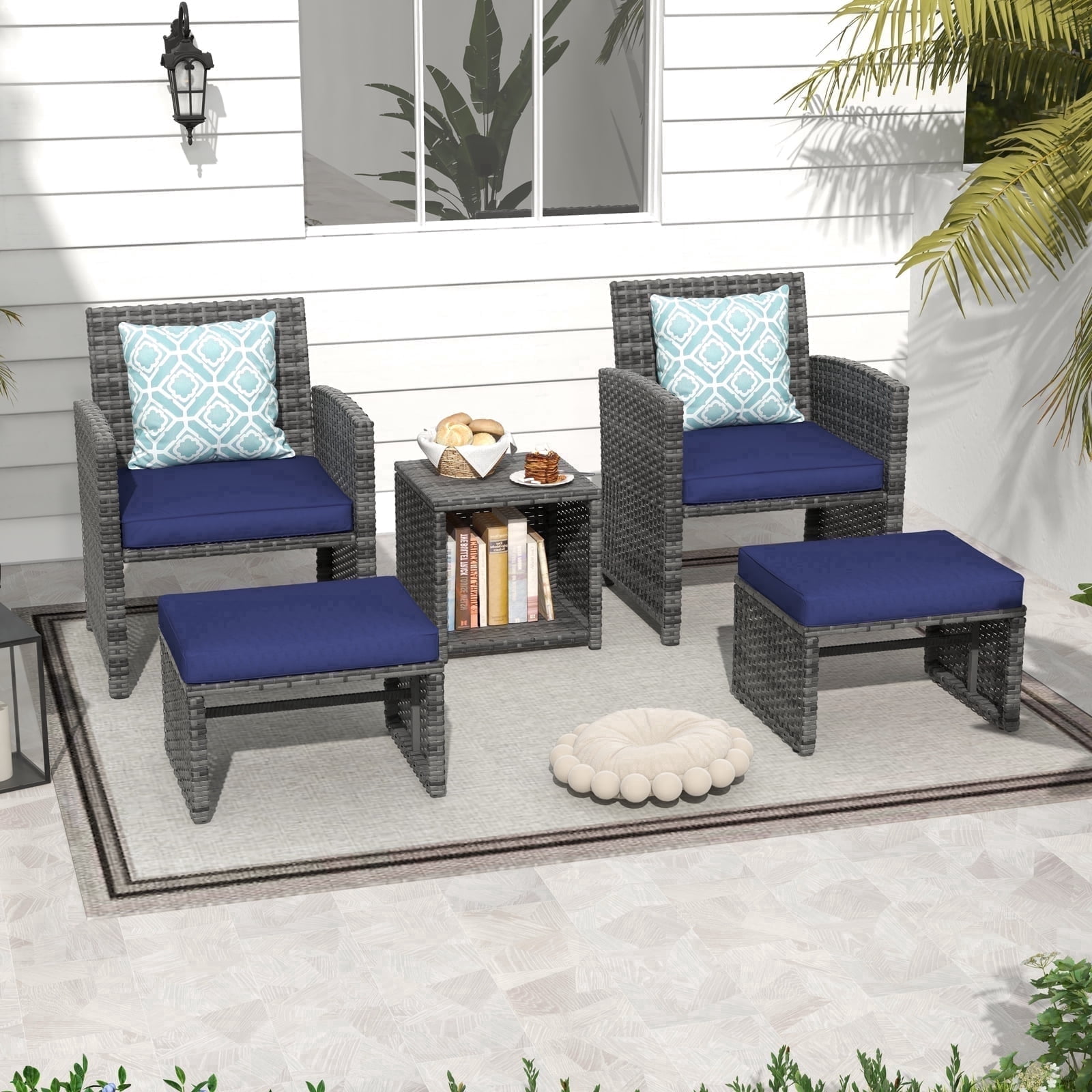 JOIVI 5 Piece Patio Furniture Set, Wicker Outdoor Conversation Chair and Ottoman Set with Coffee Table, Pillows Included, Navy Blue