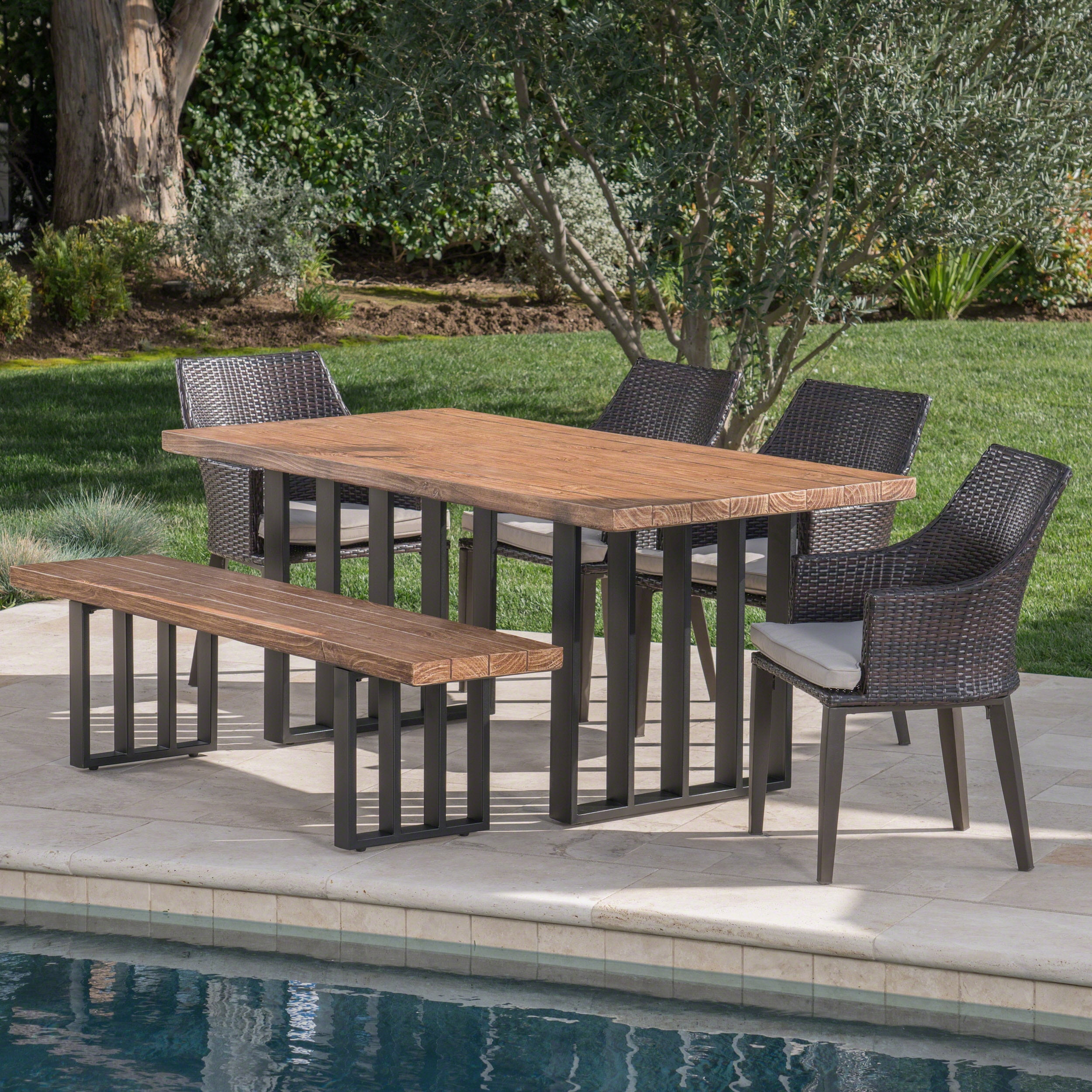 Dennis Outdoor 6 Piece Wicker Dining Set with Light Weight Concrete