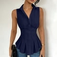 thumbnail image 5 of Women's Trendy Waistcoat Collared Sleeveless Button Down Peplum Shirt Ruched Waist Slim Fit Pleated Hem Vest Blouse Business Casual Outfit Navy, 5 of 8