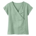 thumbnail image 4 of Womens Casual Wrap V-Neck Linen T-Shirt, Short Sleeve Loose Fitting Summer Blouse Tops Green L, 4 of 6