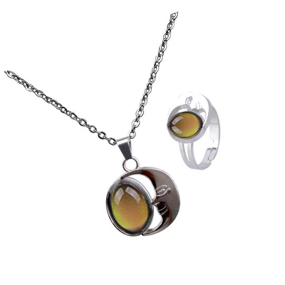 Women Magic Mood Change Color Moon Shape Gem Necklace Ring Charm Jewelry Set