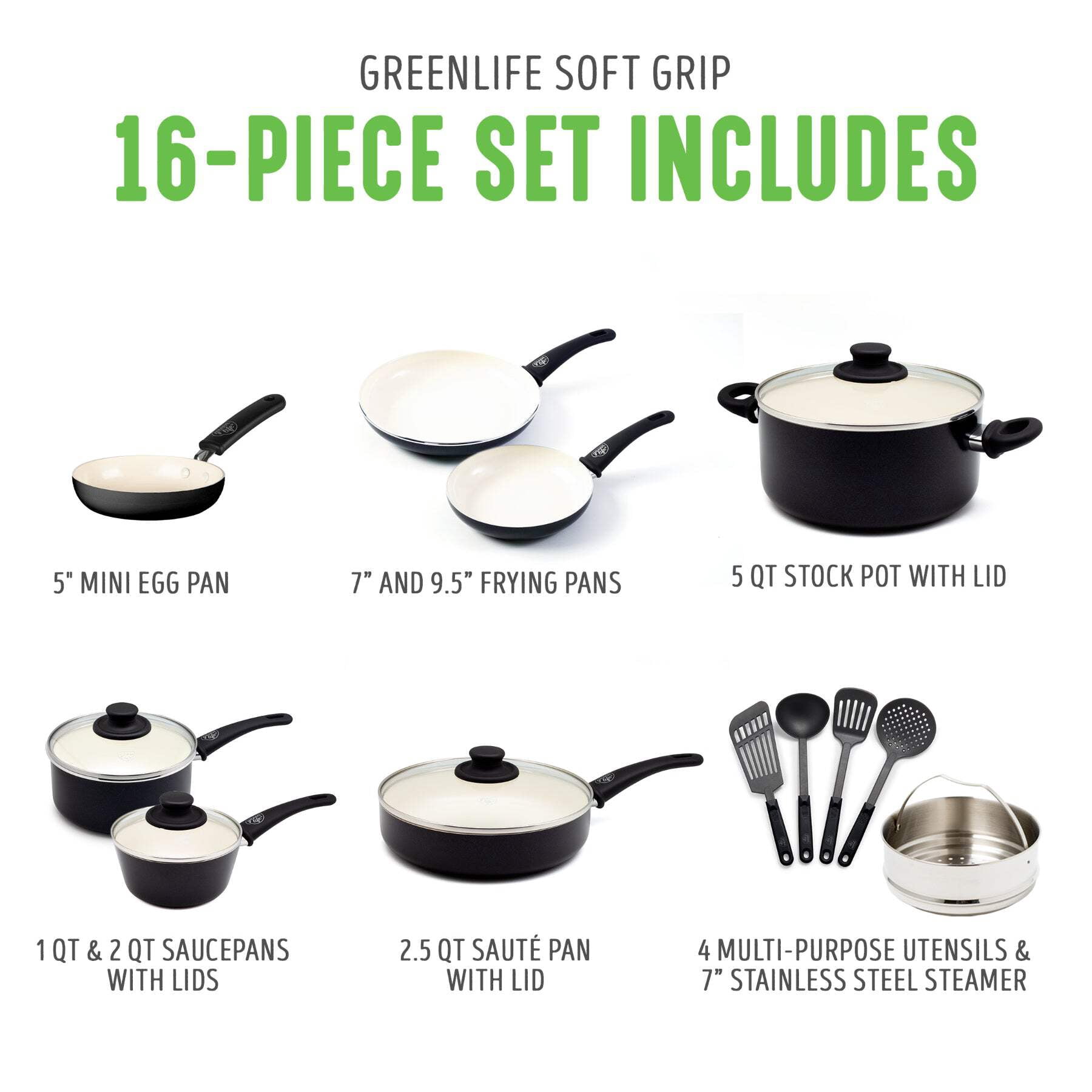 GreenLife 16 Piece Nonstick Cookware Set, Soft Grip Non-Toxic, Dishwasher Safe, Black & Cream