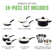 GreenLife 16 Piece Nonstick Cookware Set, Soft Grip Non-Toxic, Dishwasher Safe, Black & Cream