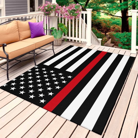 Red American Flag Outdoor Rug for Patio/Deck/Porch, Non-Slip Large Area Rug 5 x 7 Ft, Black White Striped US Flag Stars Indoor Outdoor Rugs Washable Area Rugs, Reversible Camping Rug Carpet Runner