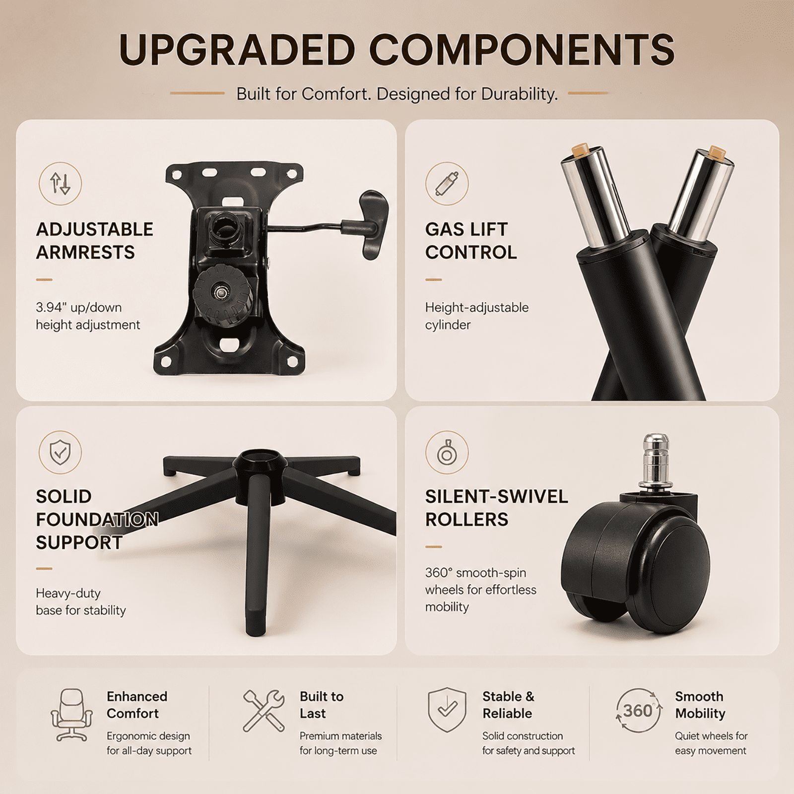 Ergonomic Office Chair, PU Leather Executive Desk Chair with Fixed Armrests, Adjustable Height, Rocking Function, 360° Swivel Rolling Wheels Brown
