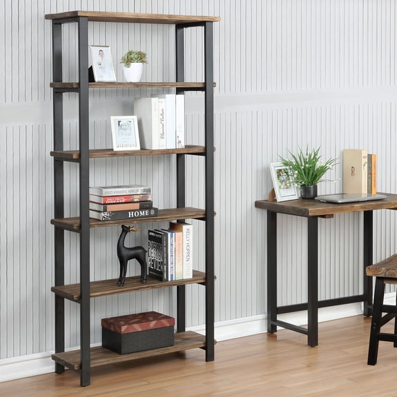 Alaterre Furniture Pomona 70 in. Tall 5-Shelf Solid Pine Wood & Metal Bookcase, Bookshelf for Home Office, Living Room or Bedroom, Natural