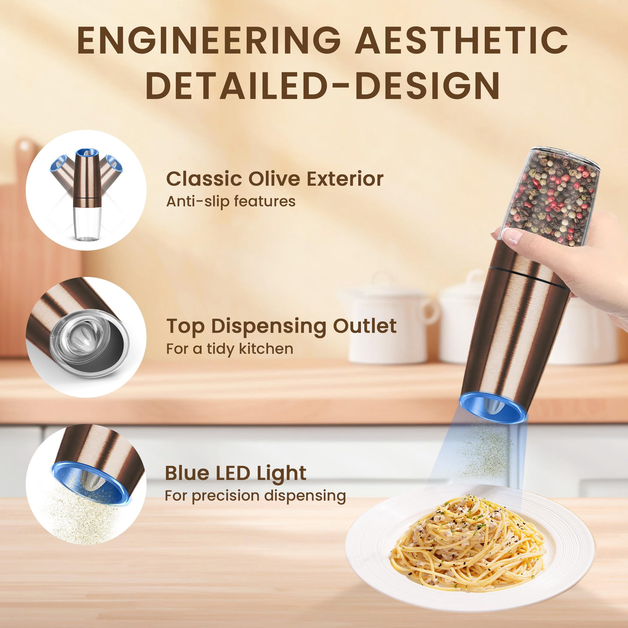 Electric Salt and Pepper Grinder Set, Battery Operated Automatic Grinders with Adjustable Coarseness and LED Light, 2 Pack, Black