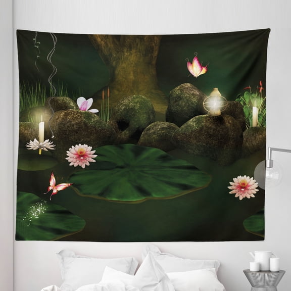 Peace Tapestry, Secret Place Deep Dark in Forest with Butterflies and Flowers Image, Fabric Wall Hanging Decor for Bedroom Living Room Dorm, 5 Sizes, Green Brown, by Ambesonne