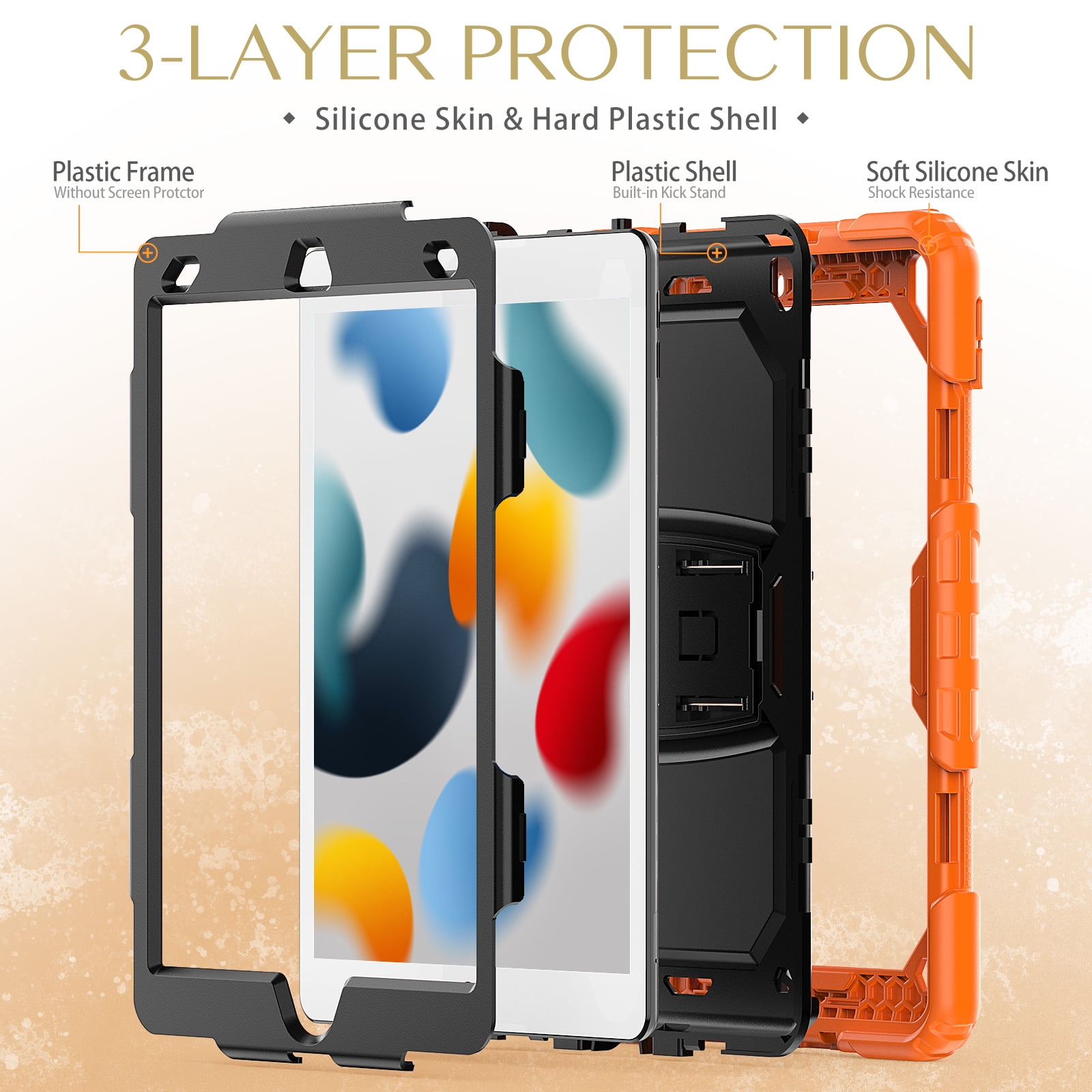 Shockproof Case for iPad Pro 10.5 2019/2017, Kids Friendly Dual Layer Shockproof Heavy Duty Rugged Hybrid Kickstand Protective Cover with Shoulder Strap & Pencil Holder, Orange